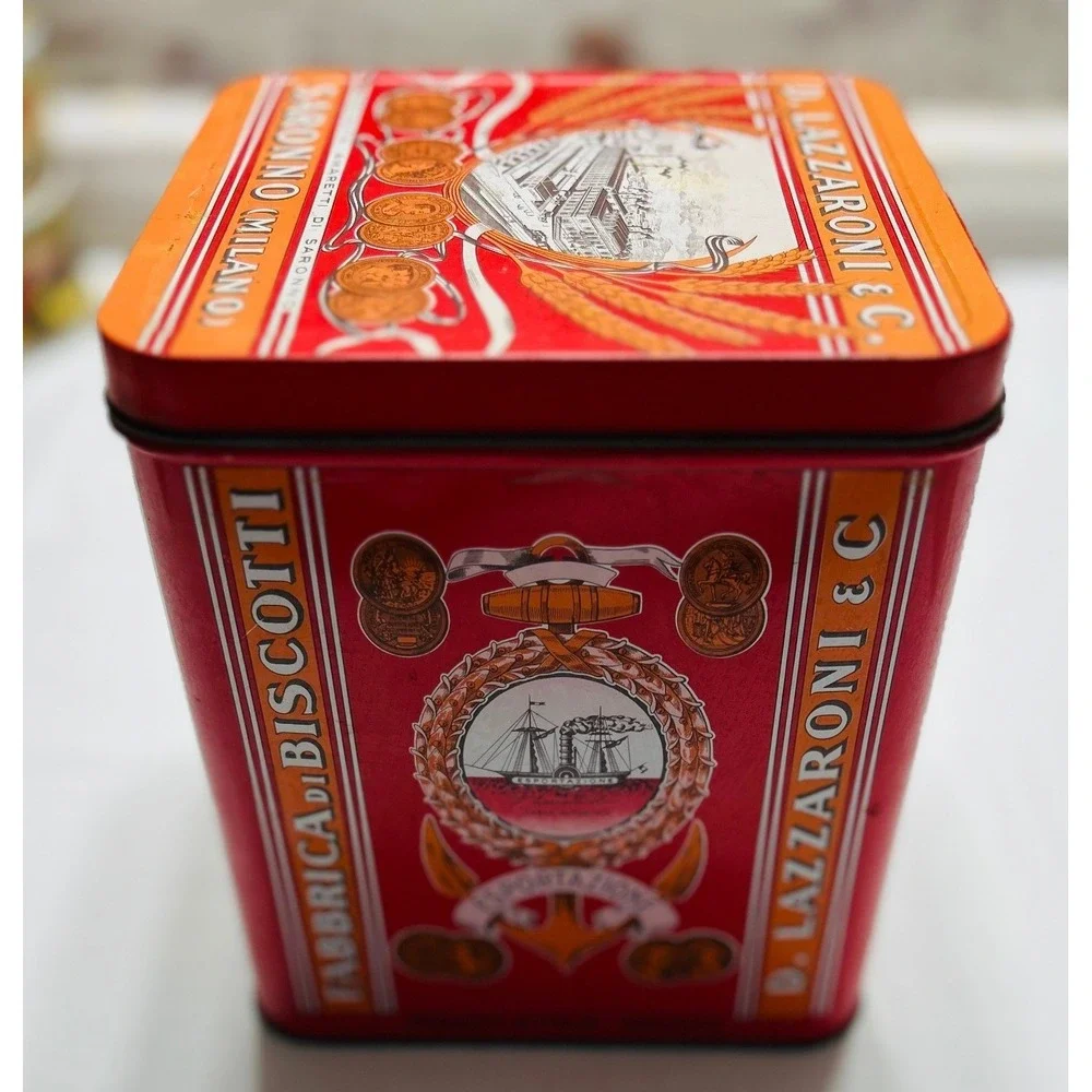 Lazzaroni Saronno Biscuit Tin Vintage Red Orange Fair Italian Amaretti Decor